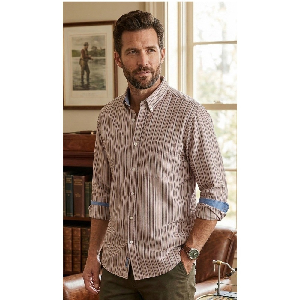 Orvis Striped Button Down Shirt Long Sleeve Mens Large 100% Cotton Casual Preppy